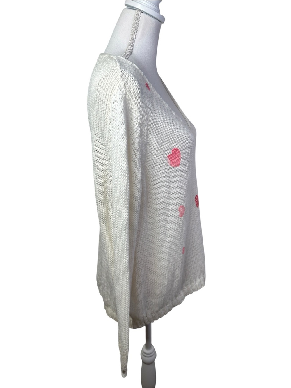 Wooden Ships Paula Buendia Ivory Pink Heart Knit V-Neck Sweater S/M Cozy Oversiz - Picture 2 of 9